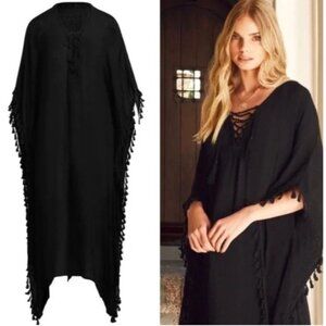 NWT Walter Baker Acapulco Kaftan Swim Cover Up Black OS Fringe Beach Resort Long